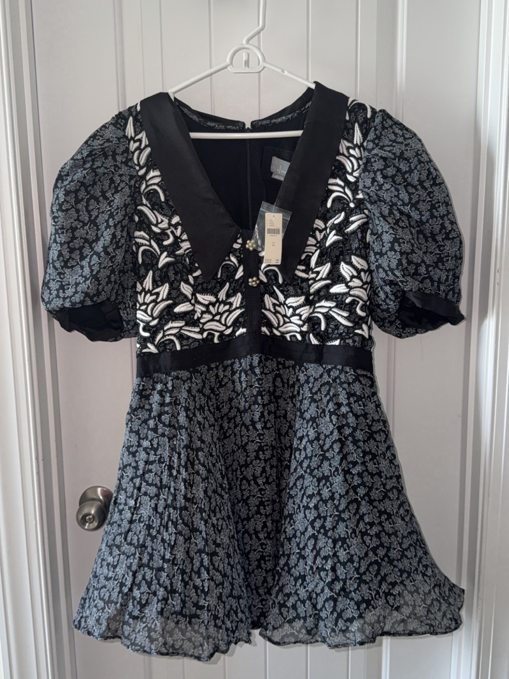 Anthropologie Black and White Floral Lace-Detail Mini Dress